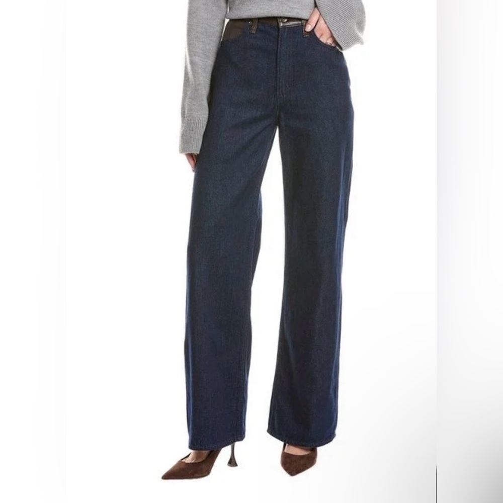 Rag & Bone Lori mid rise wide leg combo navy denim jeans brown waistband 29 New